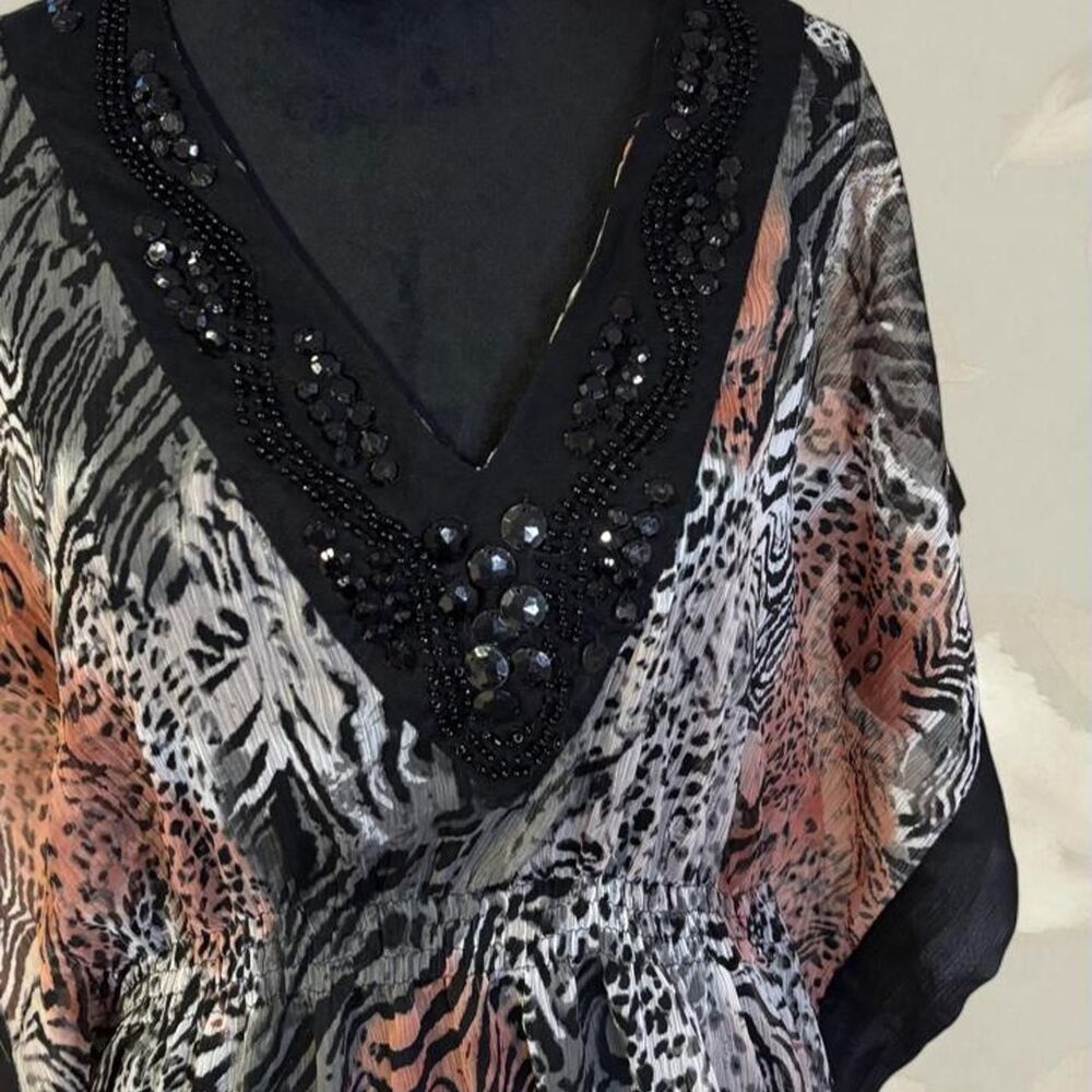 Club Z Collection Mixed Animal Print Beaded V-Neck Kaftan Dress Cover Up - Picture 3 of 4